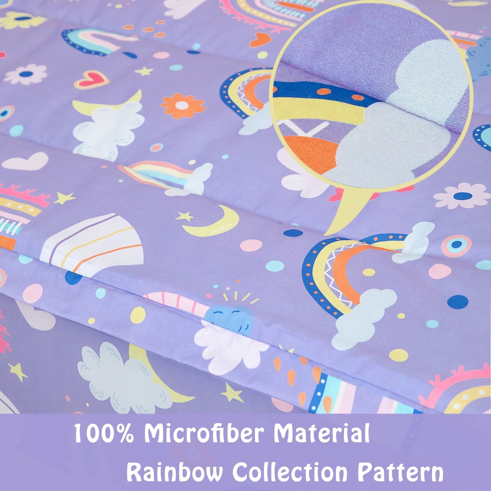 Heavyweight Warmth Zipper Kids Comforter Set, 3-Piece Purple Twin Bed in a Bag, Cartoon Rainbow Stars Flowers Printed Zip Up Comforter S... - Luxurious Quilted Duvet Cover Set Detail