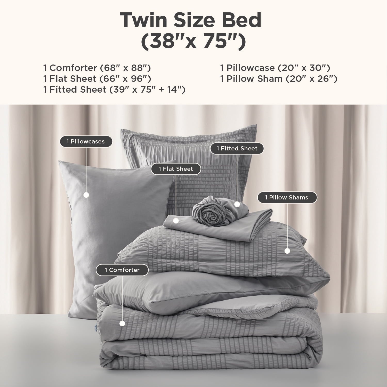 Heavyweight Warmth Twin Comforter Sets 5 Pieces Stripes Seersucker Bedding Set, Bed in a Bag with Soft Comforter & Sheets, Pillowcase & ... - Luxurious Quilted Duvet Cover Set Detail
