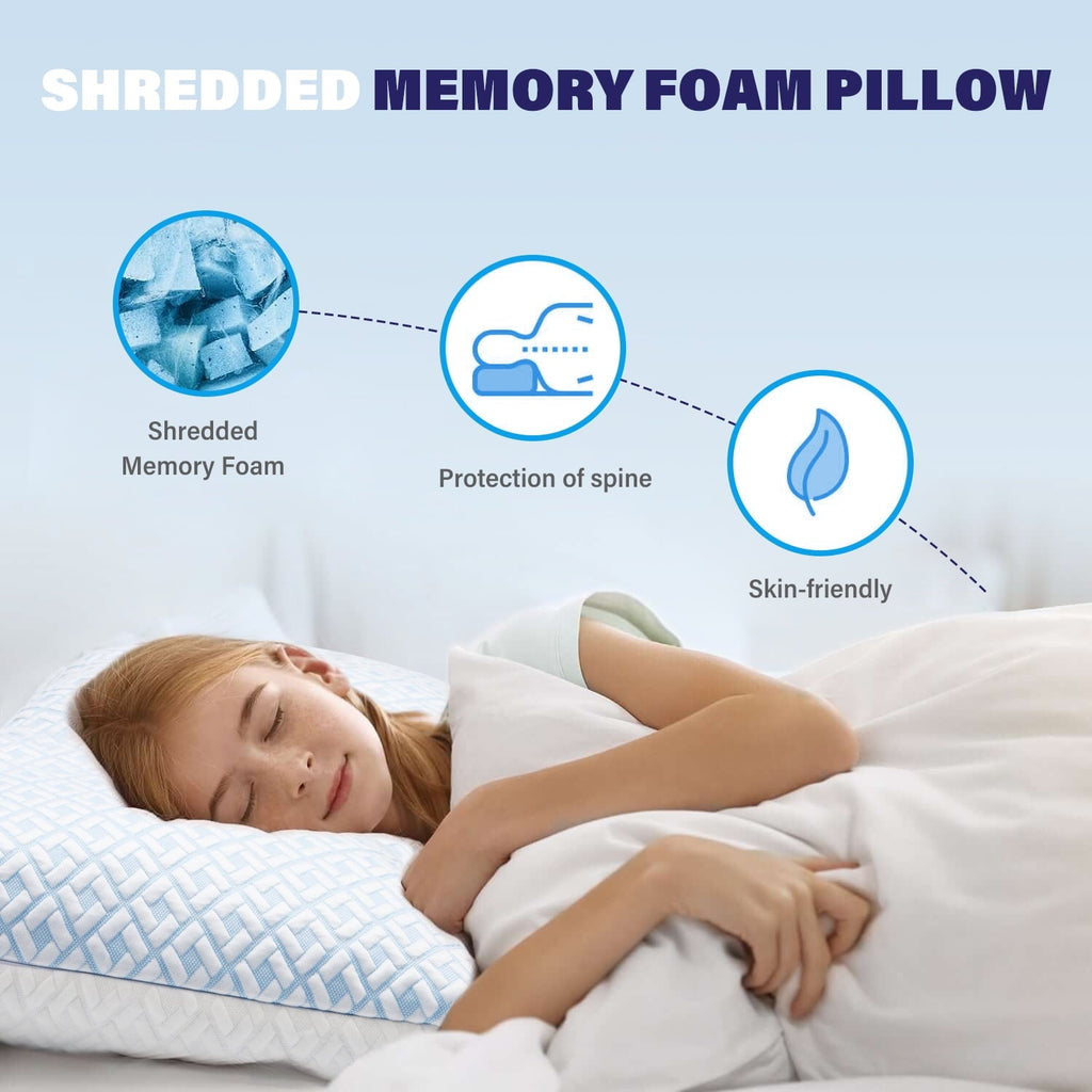 Decorative Plump Cooling Bed Pillows for Sleeping Shredded Memory Foam Pillows Queen Size Set of 2 Pack - Ergonomic Memory Foam Pillow for Neck Pain Support Detail