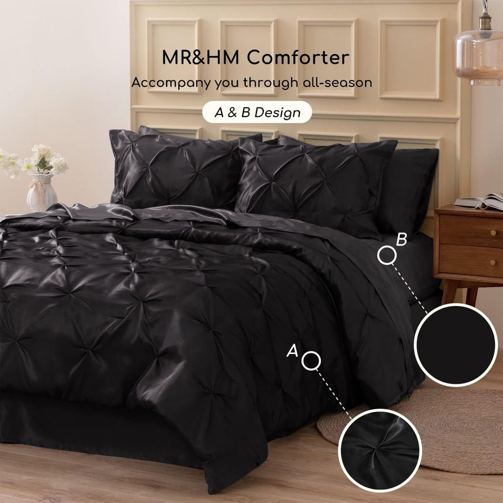Heavyweight Warmth Satin Comforter Set 7 Pieces Queen Size - Luxurious Pinch Pleat Bed in a Bag with Satin Comforter, Satin Sheets, Sati... - Cloud-Like Soft Lightweight Bed Comforter Detail