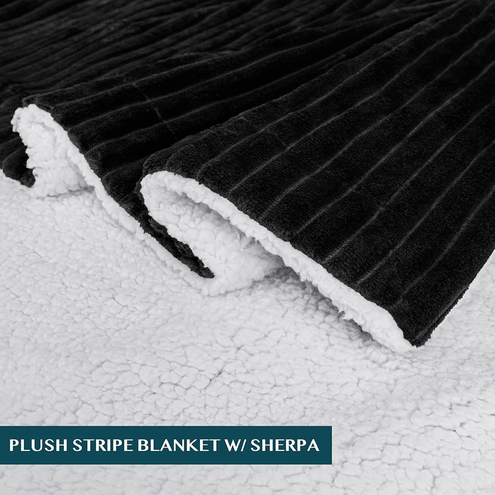 Cozy Fleece Reversible Sherpa Fleece Throw Blanket Black, Plush Flannel Throw, Ultra Soft Warm Ribbed Microfiber Blanket for Sofa... - Super Soft Reversible Sherpa Flannel Blanket Detail