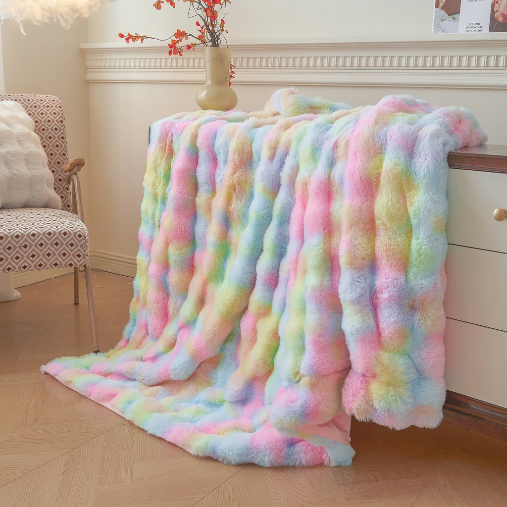 Lightweight Warm Fluffy Faux Rabbit Fur Bubble Throw, Rainbow Plush Shaggy Blanket for Couch Sofa Chair, Soft Tie Dye Furry Blanket Ad... - Cozy Fleece Throw Blanket for Couch & Bed Detail