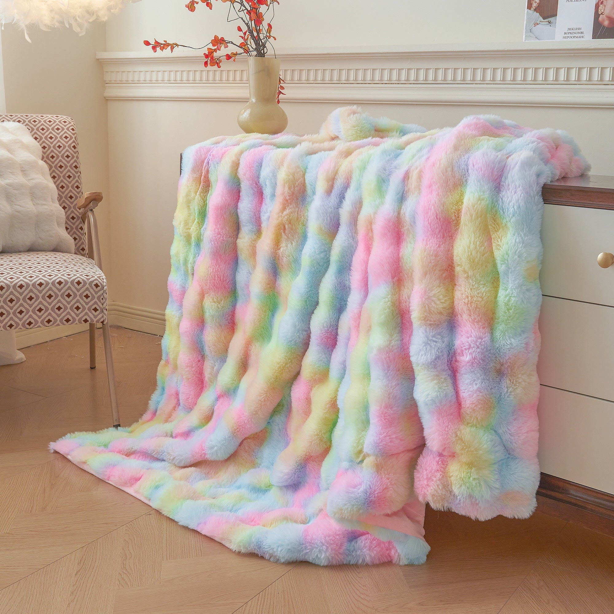 Lightweight Warm Fluffy Faux Rabbit Fur Bubble Throw, Rainbow Plush Shaggy Blanket for Couch Sofa Chair, Soft Tie Dye Furry Blanket Ad... - Cozy Fleece Throw Blanket for Couch & Bed Detail