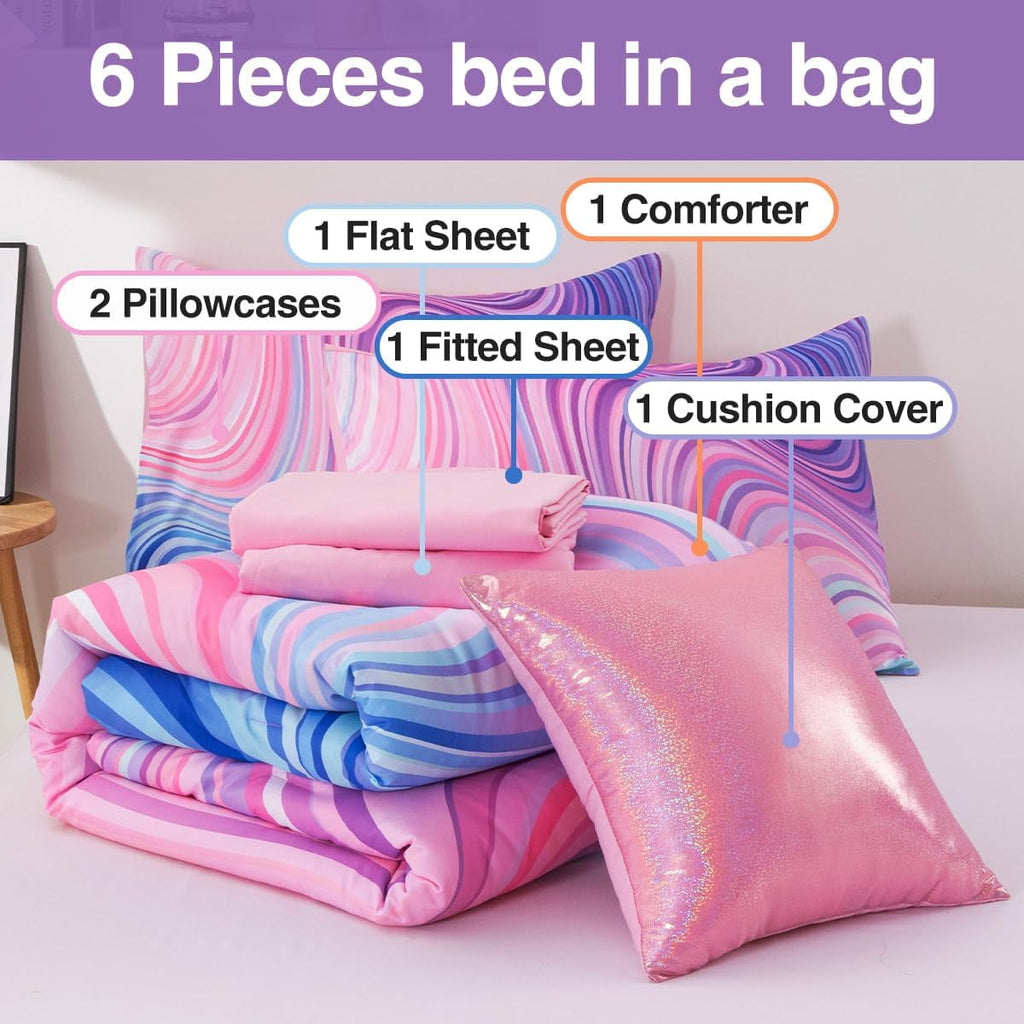 Luxurious Quilted 6 Pieces Gradient Star Ring Comforter Set, Colorful Glitter Rainbow Wave Stripes Pattern Bedding Set for Boys Girls T... - All-Season Down Alternative Comforter Insert Detail