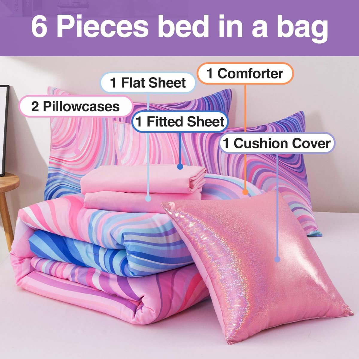 Luxurious Quilted 6 Pieces Gradient Star Ring Comforter Set, Colorful Glitter Rainbow Wave Stripes Pattern Bedding Set for Boys Girls T... - All-Season Down Alternative Comforter Insert Detail