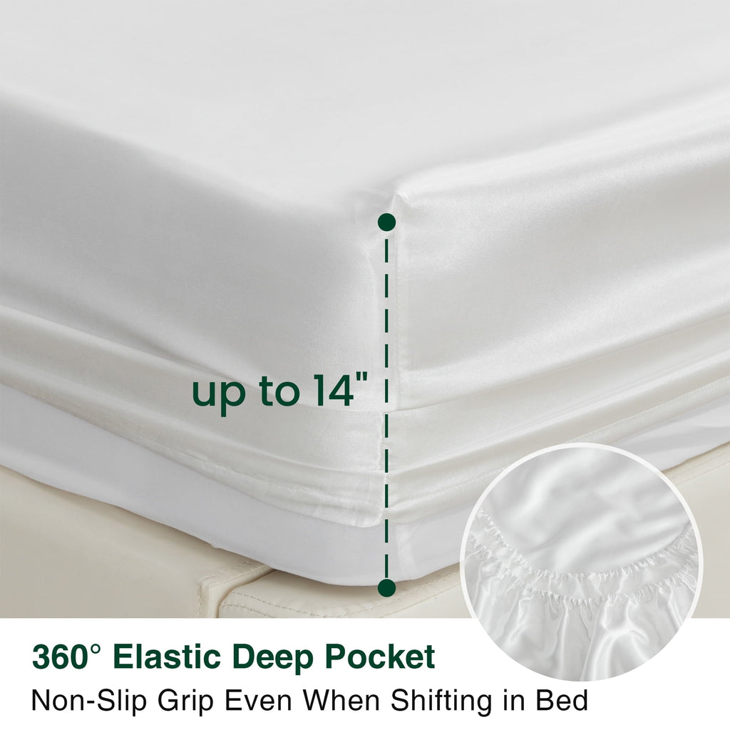 Premium Egyptian Cotton Satin Sheets Full Sheet Set Deep Pocket Luxury Silky Bed Sheets for Hair and Skin 4 Pieces, White - Cooling Hotel Quality Bedding Sheets and Pillowcases Detail