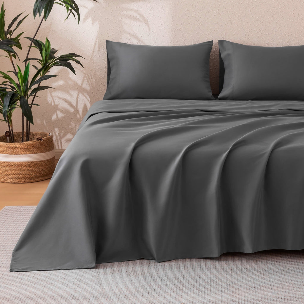 Wrinkle-Resistant Sheet Set Twin Size Gray, 3 Pieces 140 GSM Brushed Elastic Fitted Soft & Cozy Bed Sheets Set with Deep Pocket - Breathable Egyptian Cotton Flat & Fitted Sheets Detail