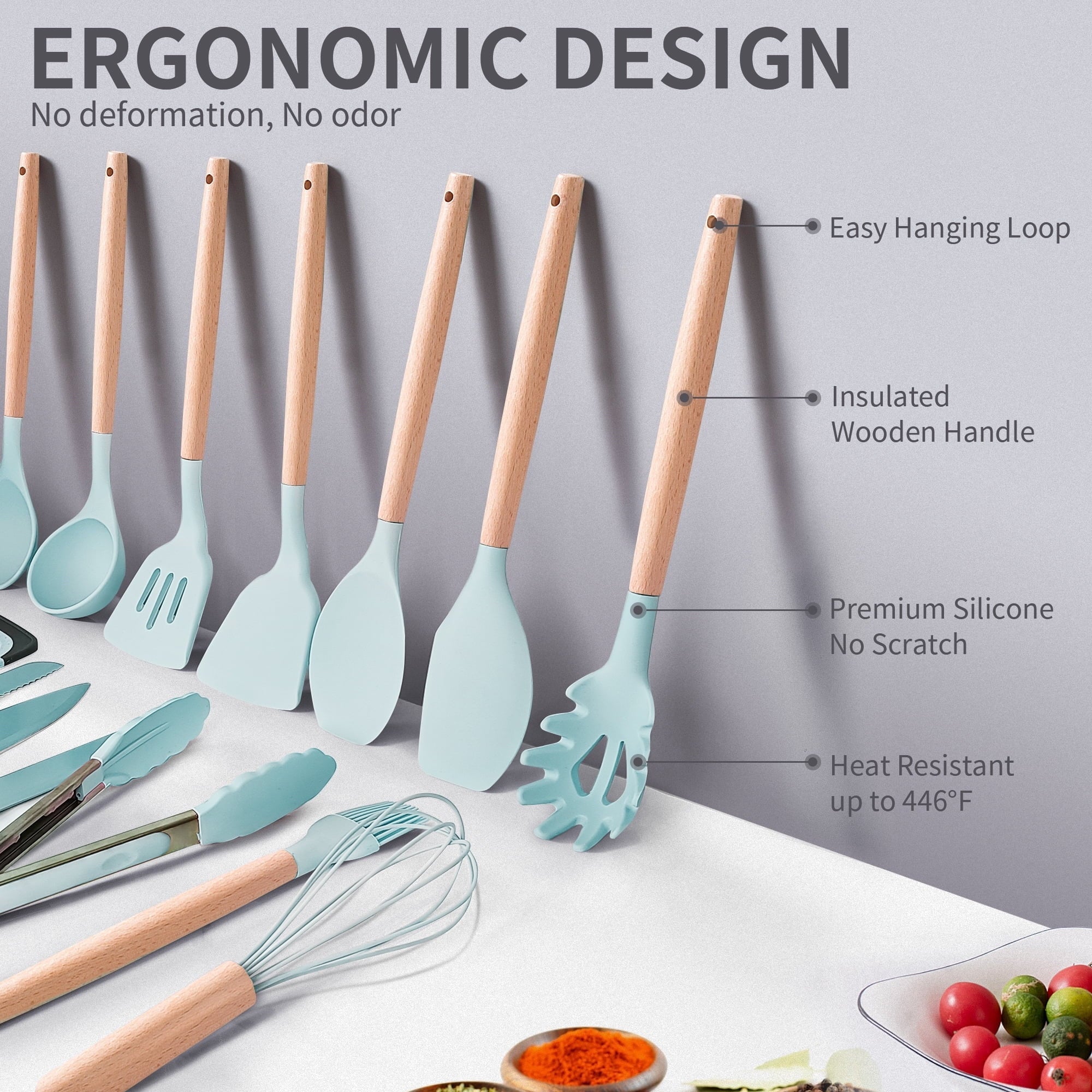 Non-Stick Safe Silicone Kitchen Cooking Utensils Set, 19 Pieces Utensil with Holder, Heat Resistant, Green - Heat-Resistant Silicone Cooking Spatula Turner Detail
