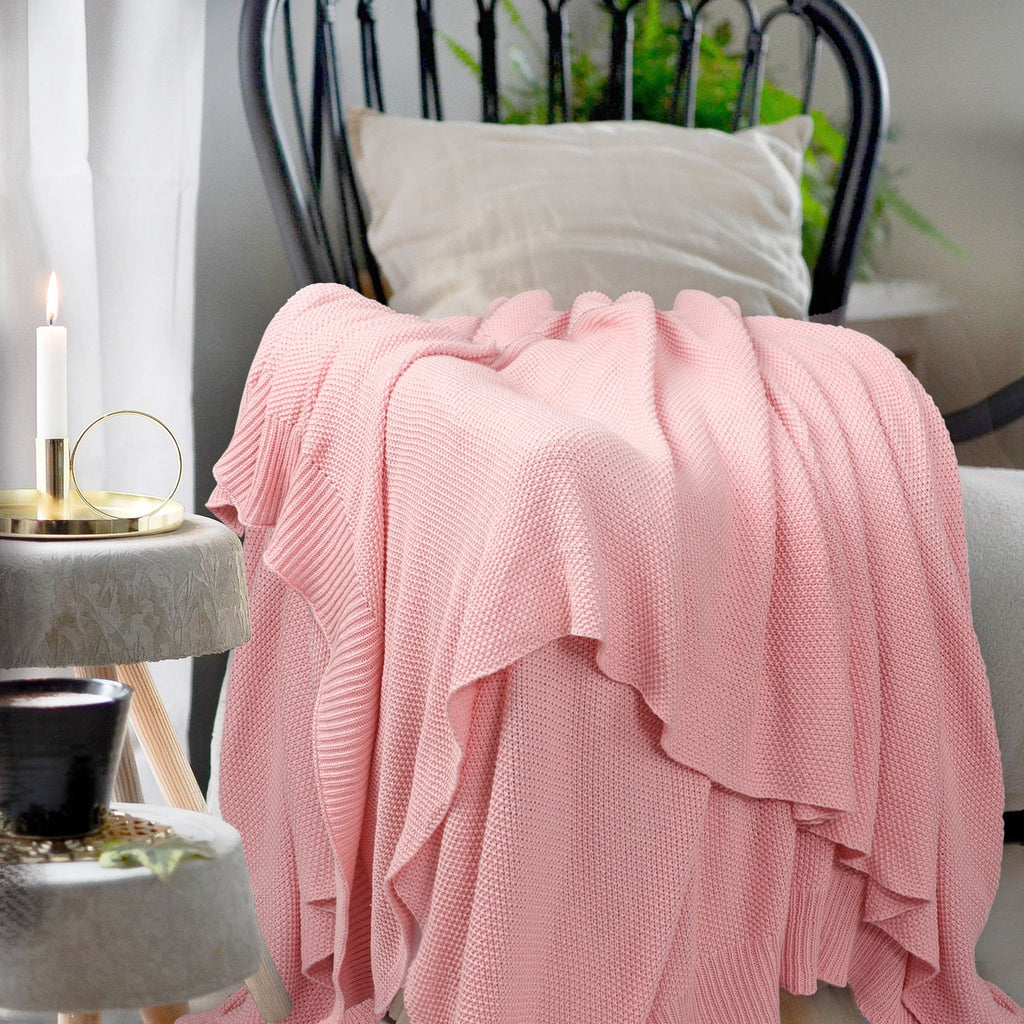 Lightweight Warm Pure Cotton Soft Cable Knit Throw Blanket Pink 50" x 70" - Super Soft Reversible Sherpa Flannel Blanket Detail