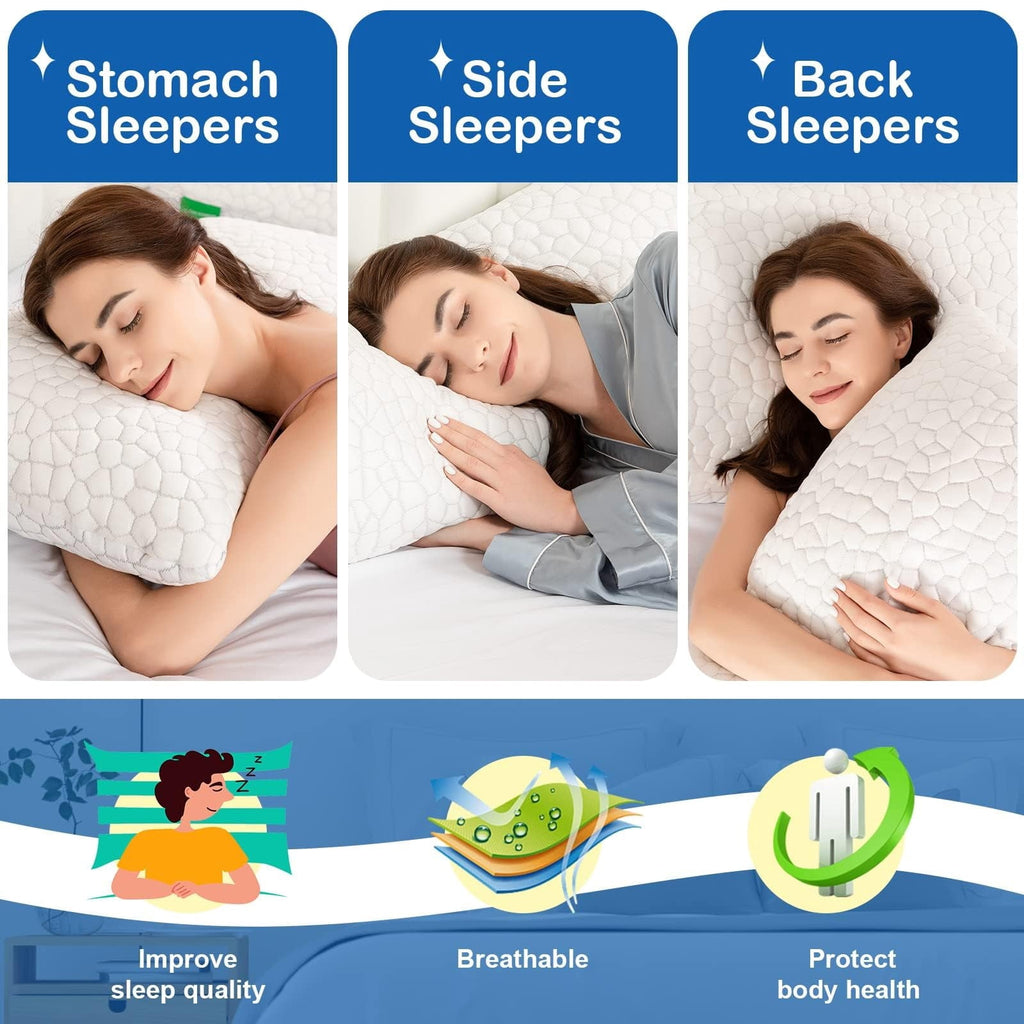 Ergonomic Memory Foam Cooling Bed Pillows Queen Size Set of 2, Shredded Memory Foam Pillows for Sleeping 2 Pack, Adjustable Soft Firm Pillo... - Orthopedic Shredded Foam Bed Pillow Set Detail