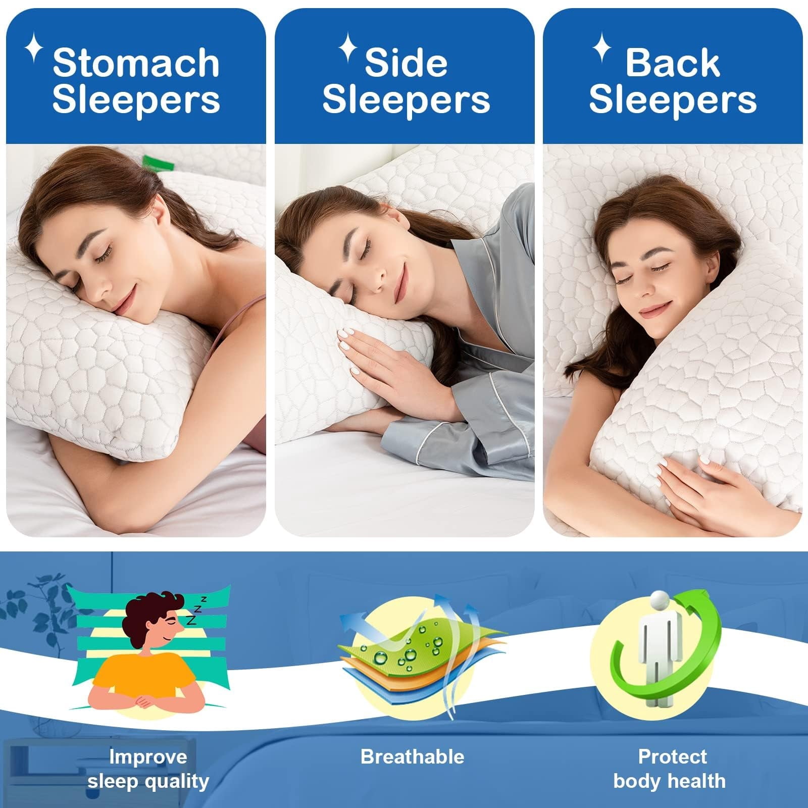 Ergonomic Memory Foam Cooling Bed Pillows Queen Size Set of 2, Shredded Memory Foam Pillows for Sleeping 2 Pack, Adjustable Soft Firm Pillo... - Orthopedic Shredded Foam Bed Pillow Set Detail