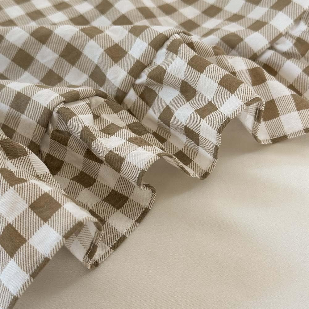 Heavyweight Warmth Tan Gingham Ruffle Queen Comforter Set, Taupe Ruffled Plaid Bedding Set, Ruffled Checked Bed Comforter 3 Pieces(Tan G... - Luxurious Quilted Duvet Cover Set Detail