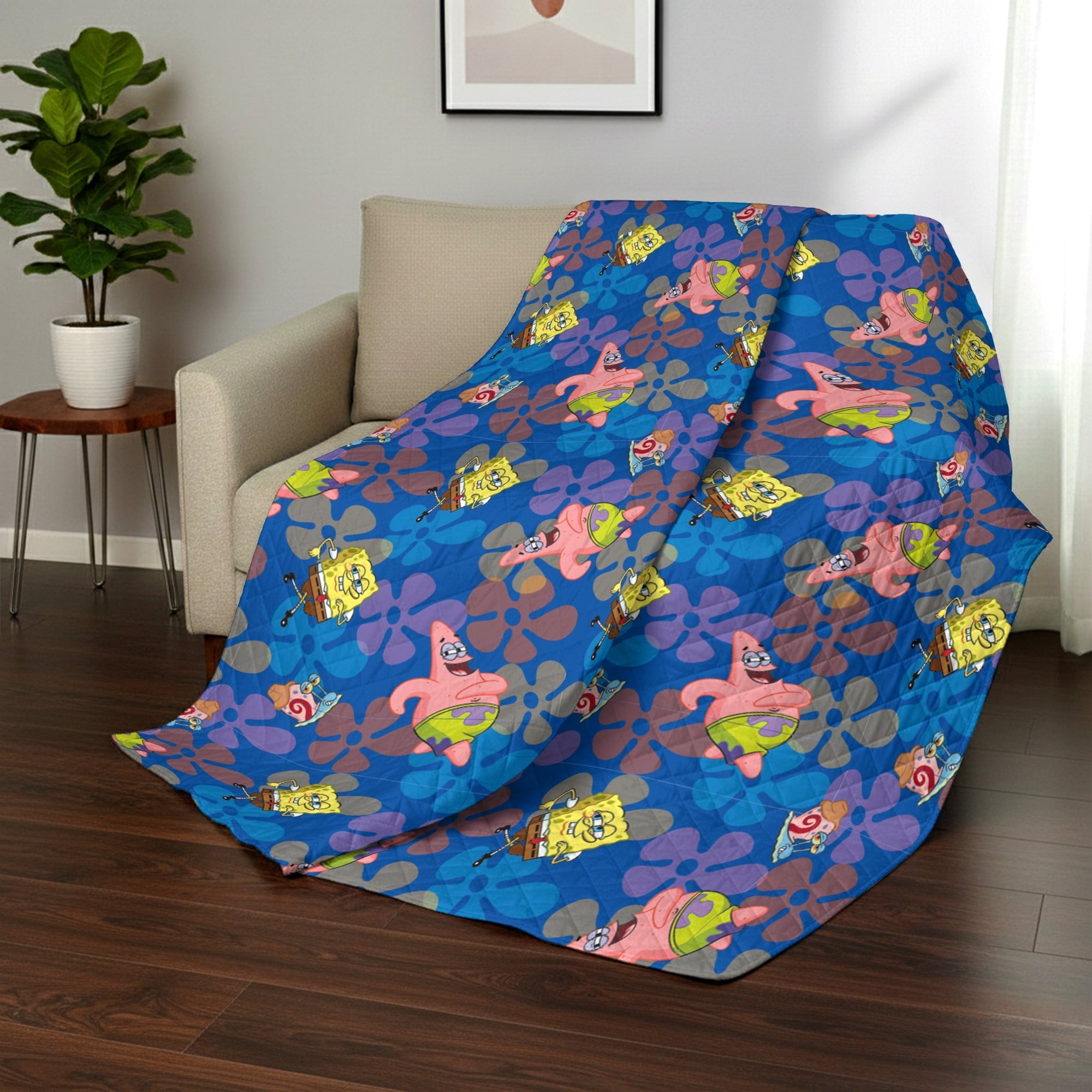 Lightweight Warm Spongebob Tropical Waltz Quilted Throw Blanket 60x80 inches, Kids Character Bedding - Cozy Fleece Throw Blanket for Couch & Bed Detail