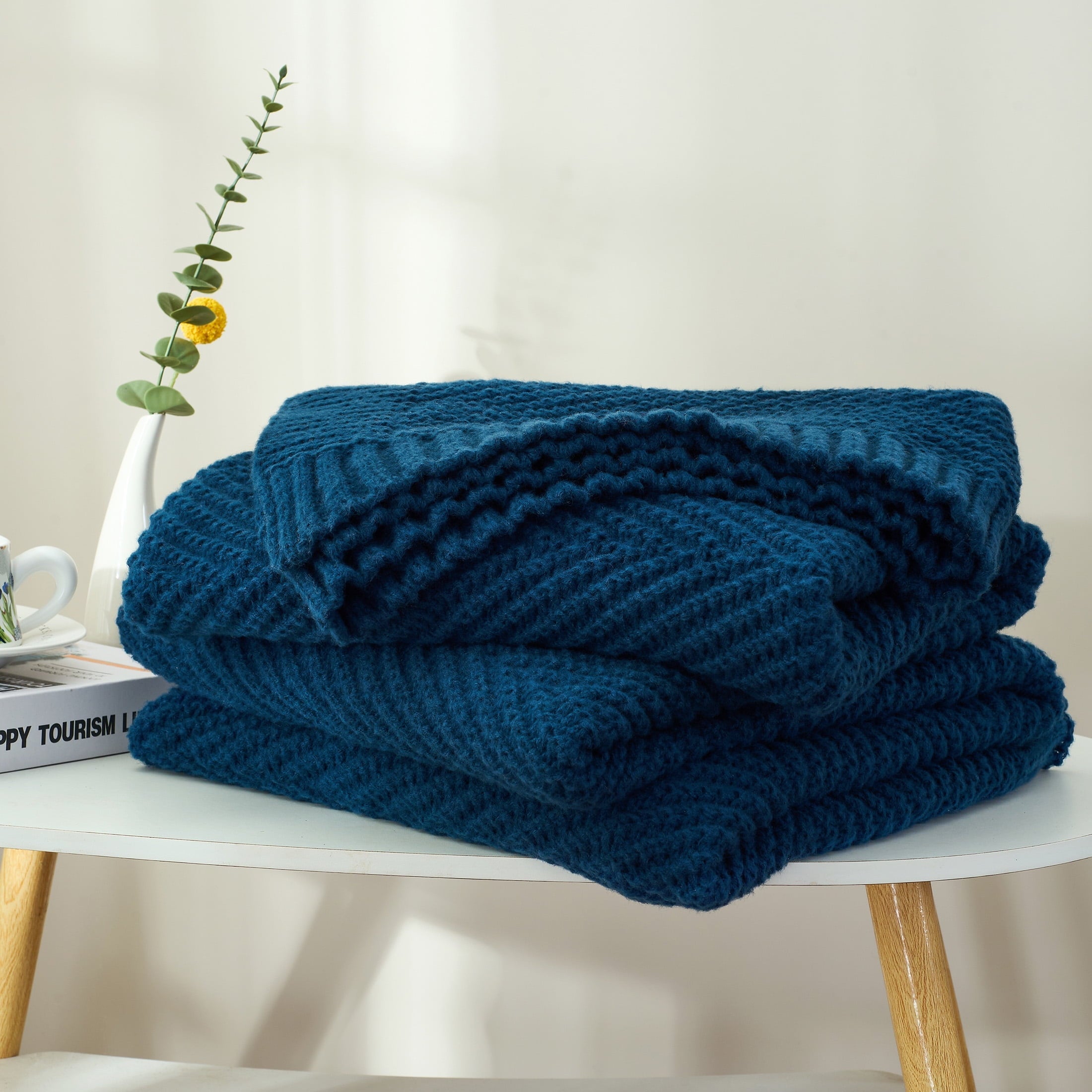 Cozy Fleece Soft Knitted Throw Blanket 50" x 60" Navy Blue, Boho Chevron Farmhouse Throw for Bed Couch - Luxury Knitted Decorative Throw Blanket with Fringes Detail