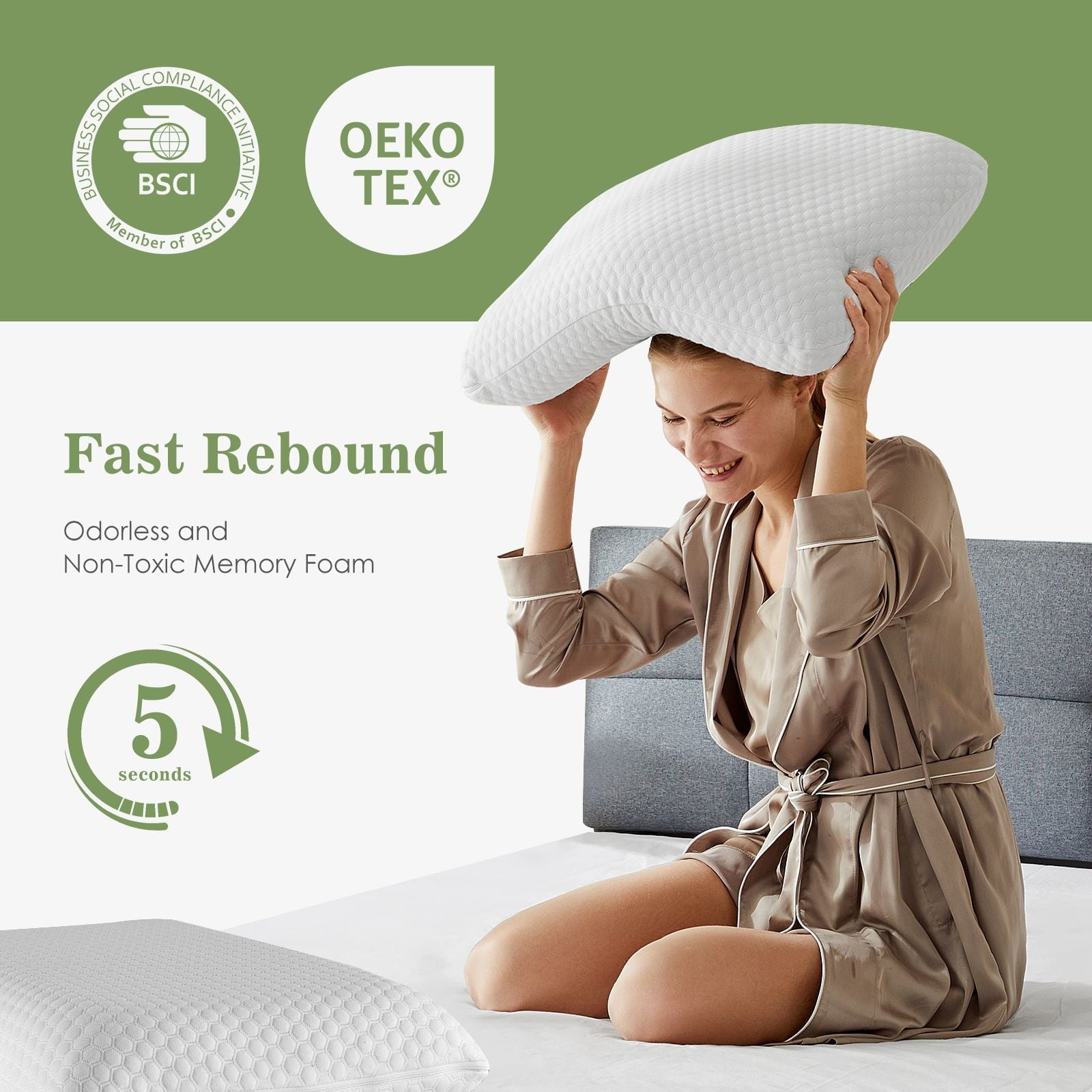 Ergonomic Memory Foam Memory Foam Pillow for Sleeping, 24"D x 16"W x 4.7"H, Soft Supportive Hotel Pillow for Bed, Washable Cover, Set of 2 - Ergonomic Memory Foam Pillow for Neck Pain Support Detail