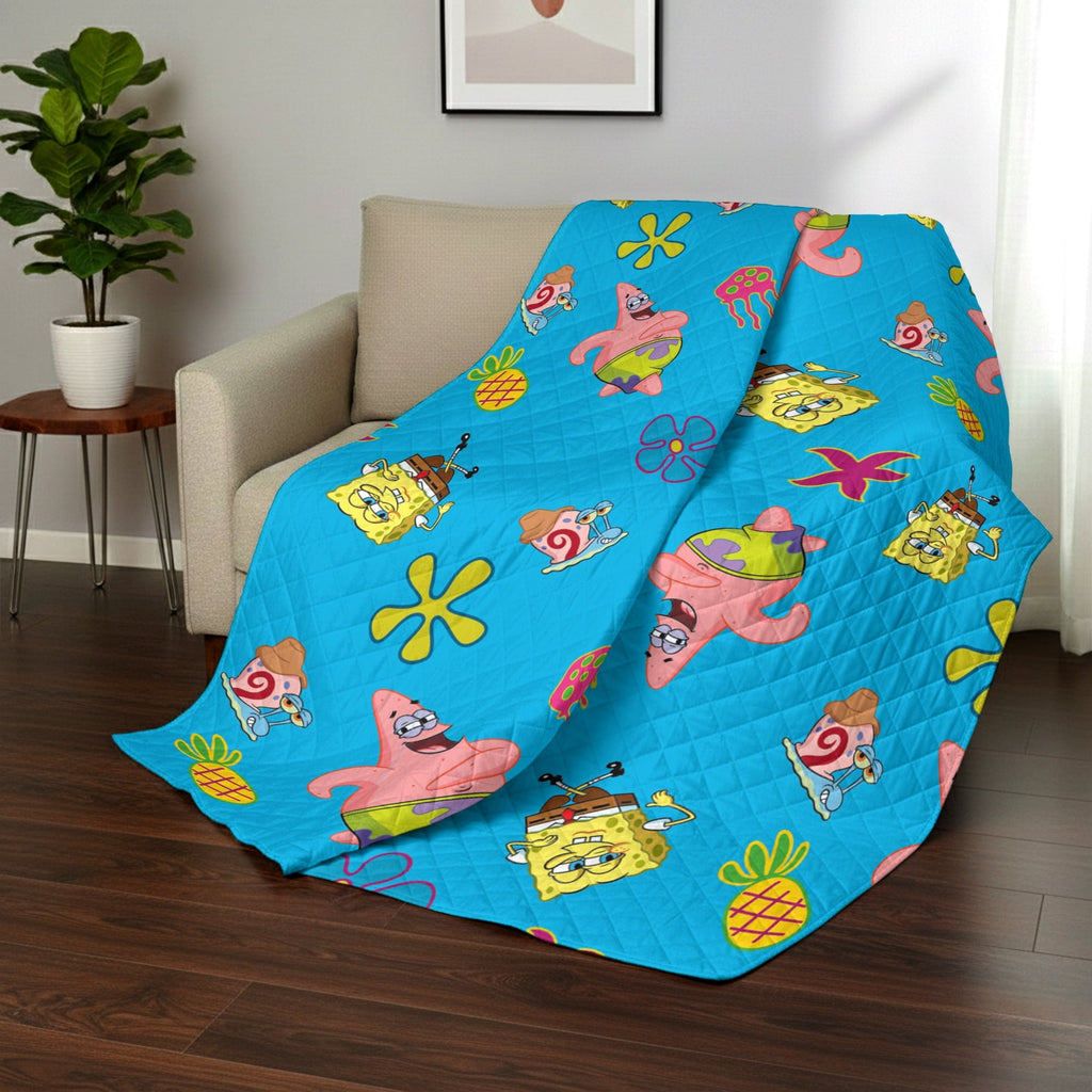 Lightweight Warm Spongebob Tropical Waltz Quilted Throw Blanket 60x80 inches, Kids Character Bedding - Cozy Fleece Throw Blanket for Couch & Bed Detail