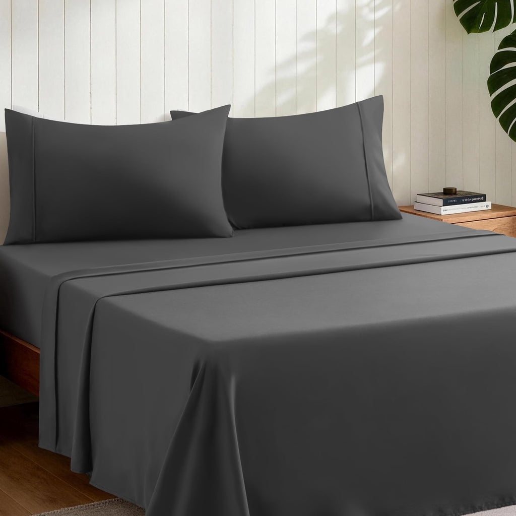 Breathable Luxury Sheets,Soft Hotel Luxury Polyester Washed Cotton,4 Piece Sheets Set,with 14" Deep Pocket,Dark Gray - Luxury Bed Sheet Set with Deep Pockets Detail