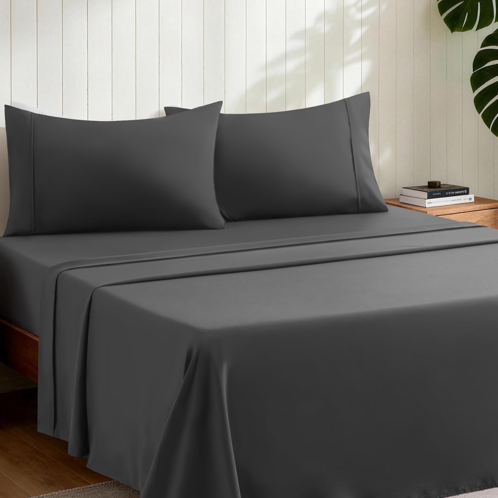 Breathable Luxury Sheets,Soft Hotel Luxury Polyester Washed Cotton,4 Piece Sheets Set,with 14" Deep Pocket,Dark Gray - Luxury Bed Sheet Set with Deep Pockets Detail