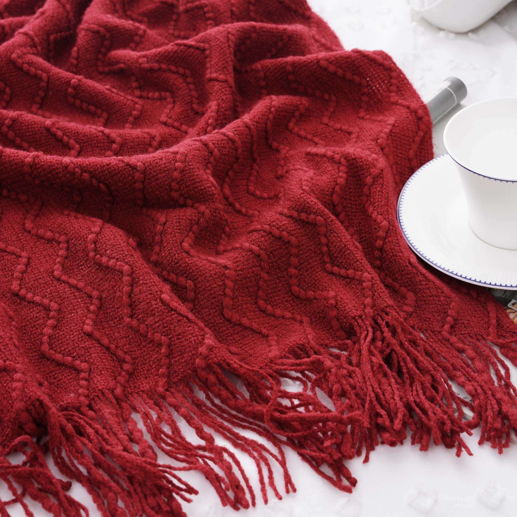 Cozy Fleece Dark Red Blanket for Couch,Burgundy Knit Throw Blanket for Bedroom,Christmas Throw,50"x60" - Luxury Knitted Decorative Throw Blanket with Fringes Detail