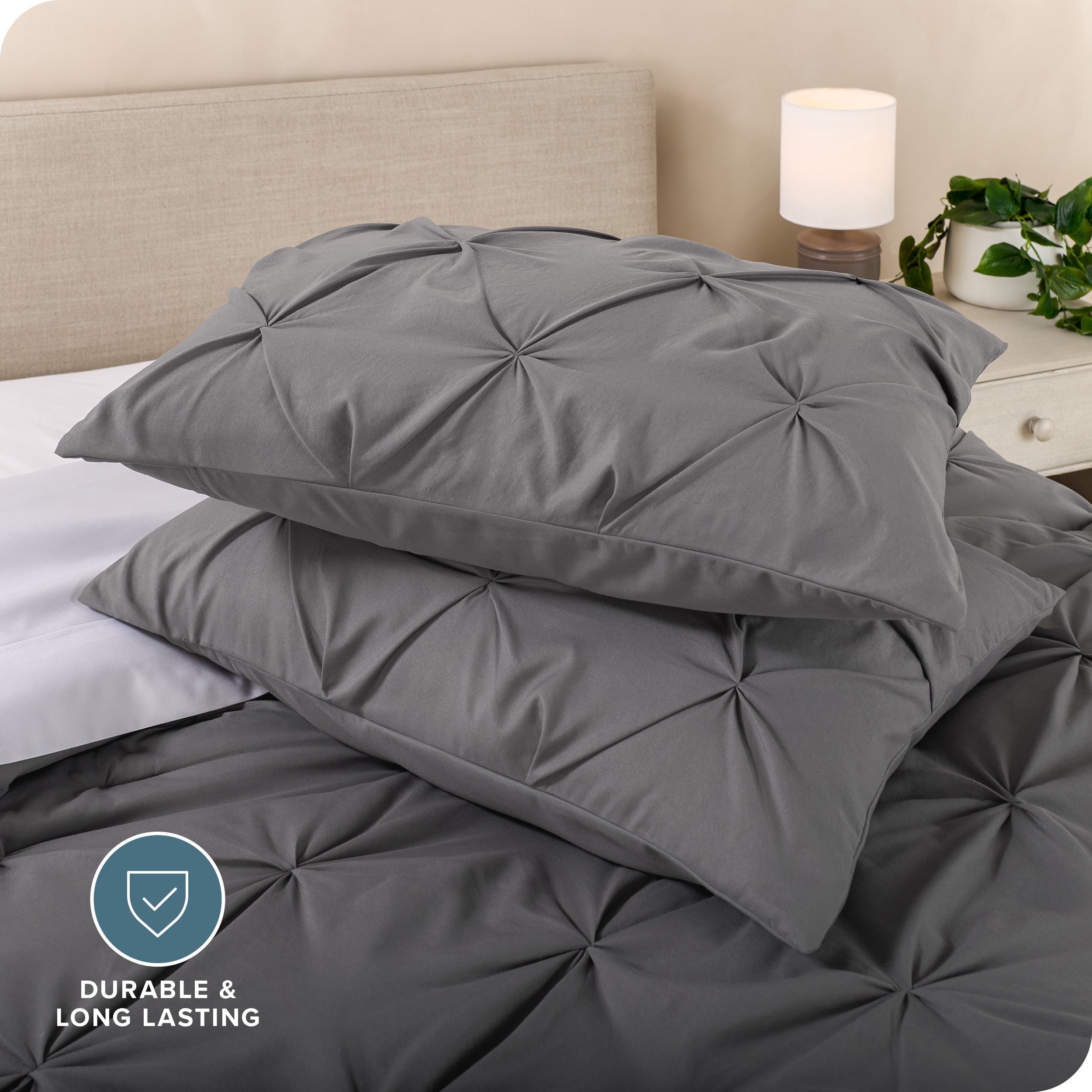 Fluffy Down Alternative Pintuck Down Alternative Comforter Set - 3-Pieces - All Seasons - King, Grey - Luxurious Quilted Duvet Cover Set Detail