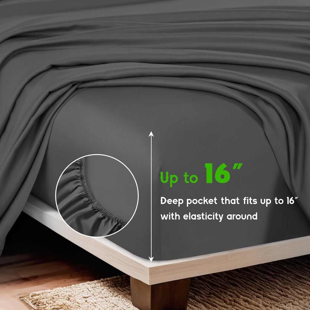 Premium Egyptian Cotton Luxury Bamboo Bed Sheet Set - Deep Pockets - 4 Piece, Queen, Dark Gray - Luxury Bed Sheet Set with Deep Pockets Detail