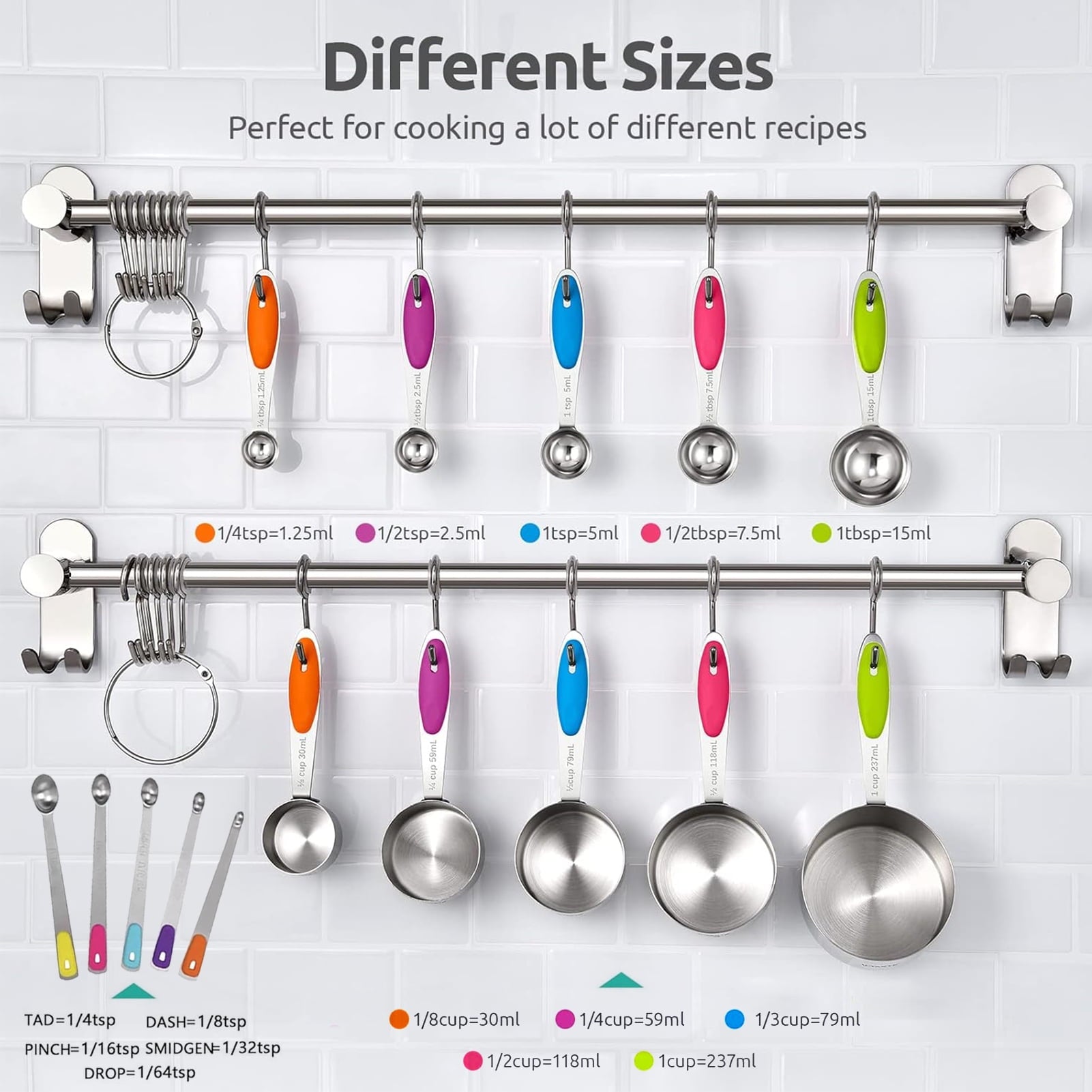Heavy Duty Stainless Steel Measuring Cups and Spoons Set of 15, 5 Stainless Steel Nesting Measuring Cups & 5 Spoons, 5 Mini Meas... - High-Precision Culinary Tool for Baking & Cooking Detail