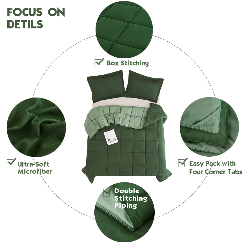 Luxurious Quilted Light Weight Down Alternative Comforter Set, Queen, Green, Reversible - All-Season Down Alternative Comforter Insert Detail