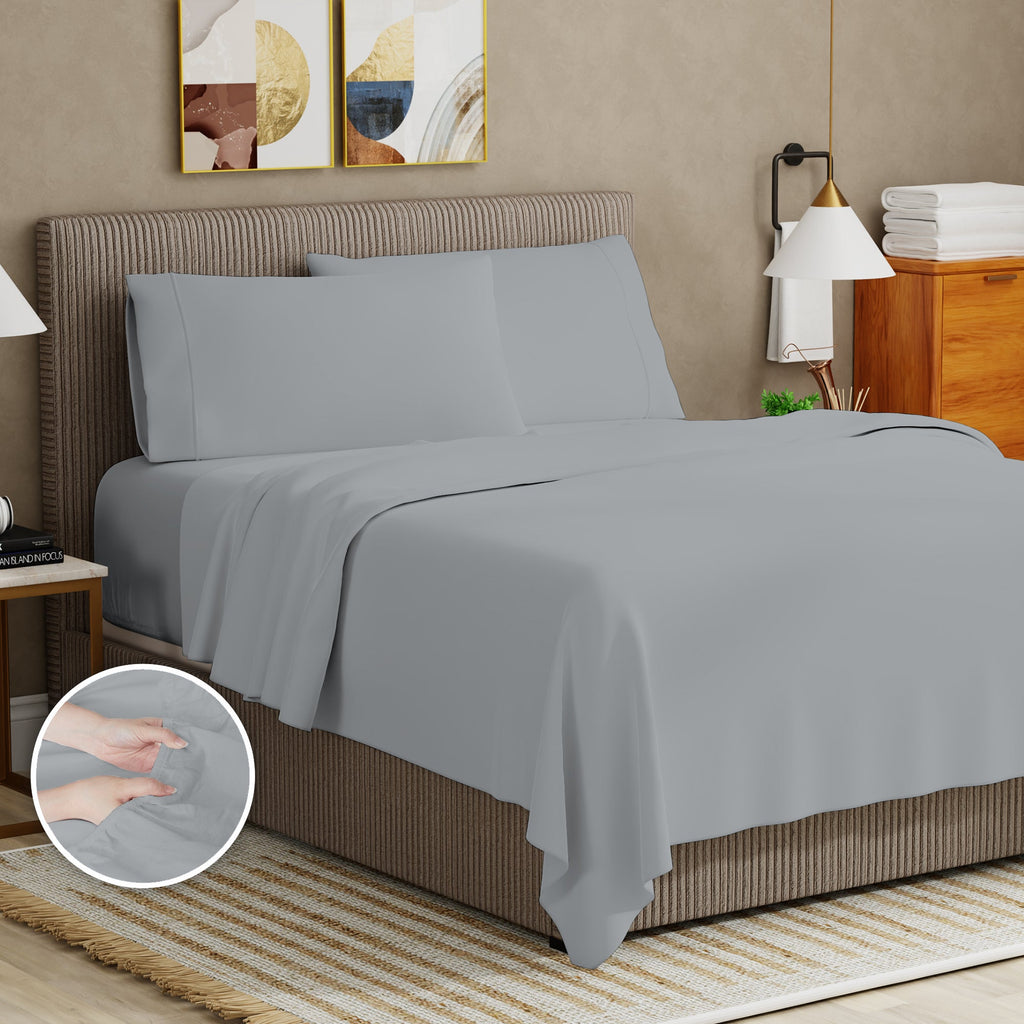 Premium Egyptian Cotton Soft Finish Microfiber Percale Queen Bed Sheet Set – 4-Piece Lightweight, Wrinkle-Resistant, Quick-Dry, Light Gray - Premium Ultra-Soft Pillowcase Pair for Sleeping Detail