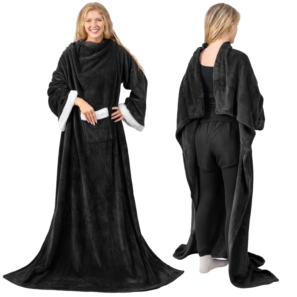 Reversible Sherpa Fleece Blanket with Sleeves for Women Men Adults, Wearable Blanket Warm Soft Plush, Snuggle Pocket Sleeved TV Throw W... - Lightweight Plush Warm Blanket for All Seasons Detail