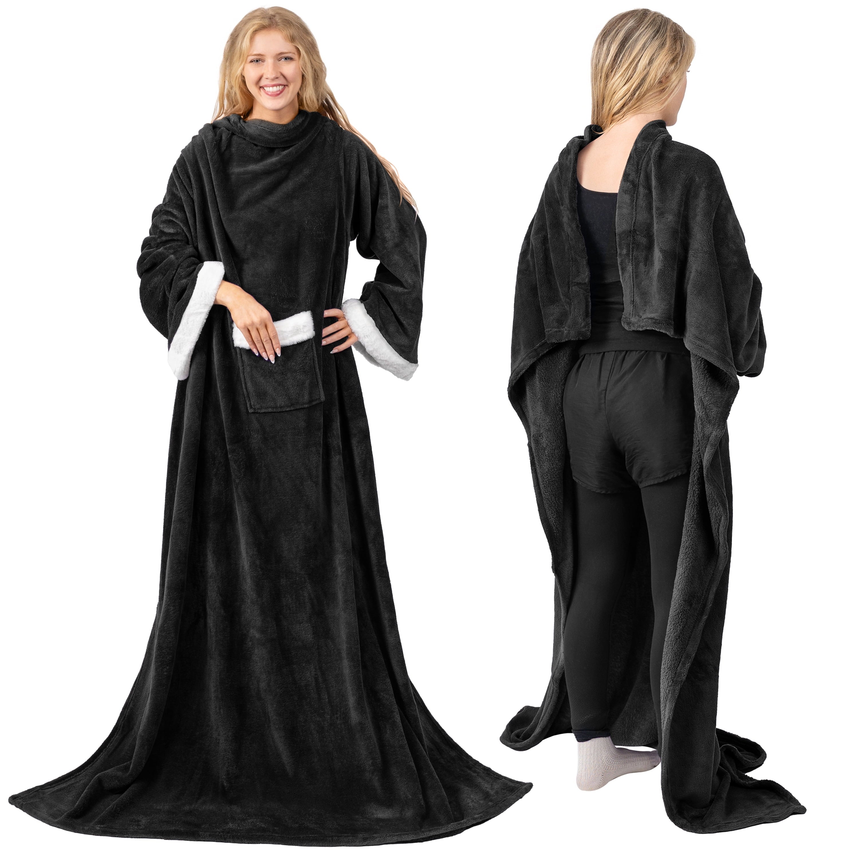 Reversible Sherpa Fleece Blanket with Sleeves for Women Men Adults, Wearable Blanket Warm Soft Plush, Snuggle Pocket Sleeved TV Throw W... - Lightweight Plush Warm Blanket for All Seasons Detail