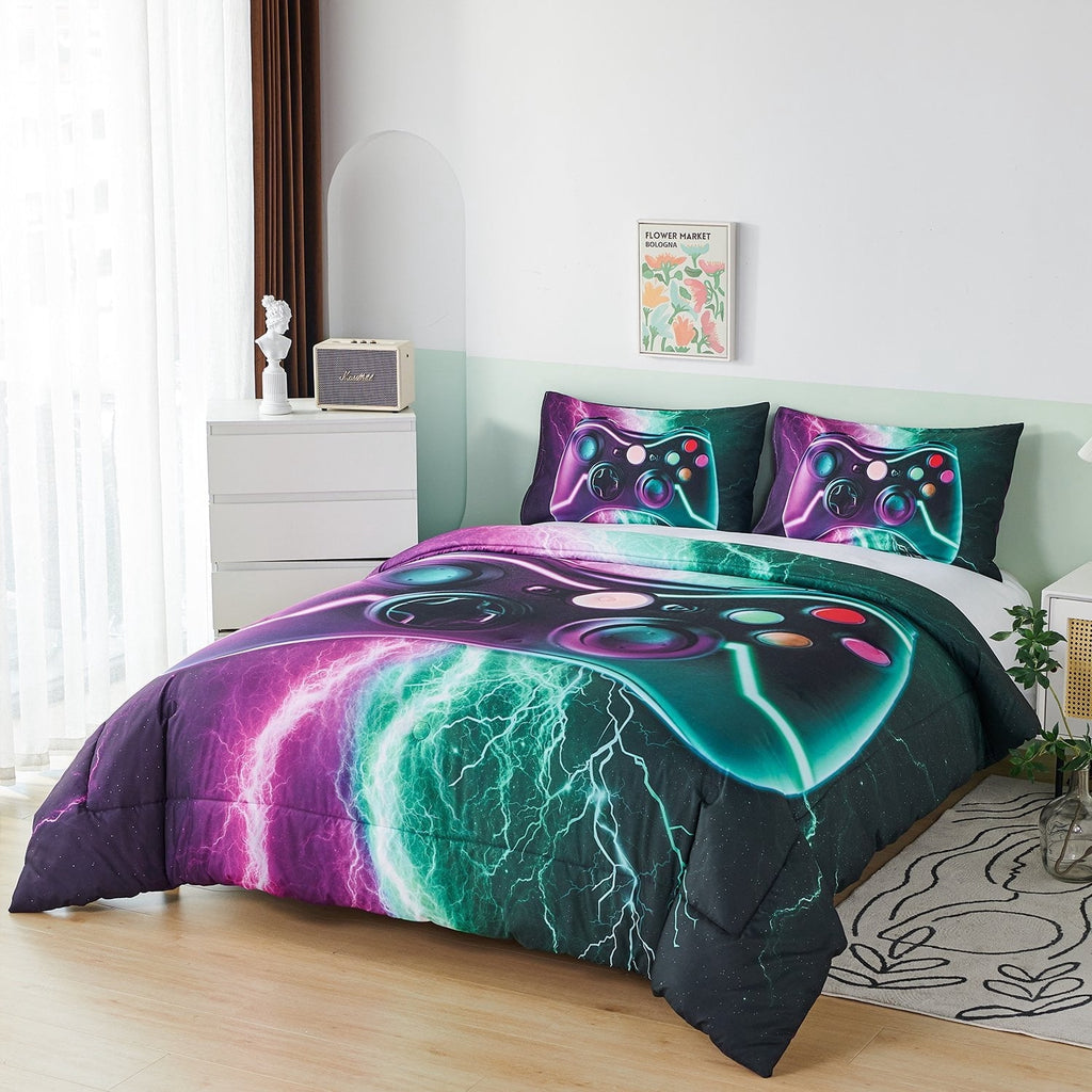 Fluffy Down Alternative Queen Size Gaming Comforter Set for Boys,3-Piece 3D Green Purple Lightning Game Controller Bedding Set for Kids Teens - Luxurious Quilted Duvet Cover Set Detail