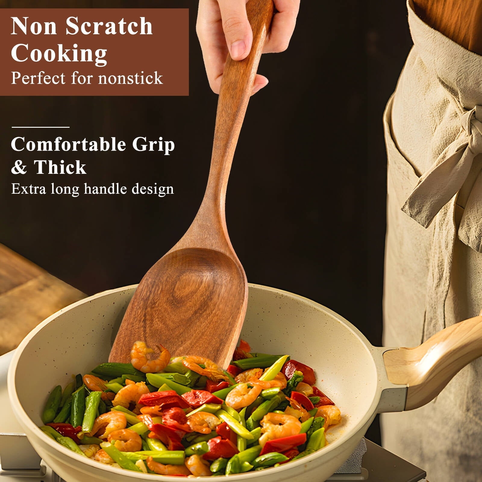 Ergonomic Cooking Wooden Spoons for Cooking, 8 Pcs Natural Wooden Utensil for Cooking with Non-Stick, Heat Resistant, Wood... - Heat-Resistant Silicone Cooking Spatula Turner Detail