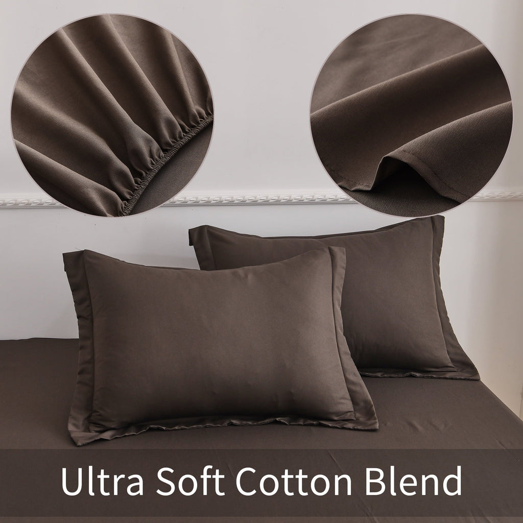 Cooling Sateen Bed Sheets Set 4 Piece Queen/Full Sheet Set Brown Gray Cotton Blend Fitted Sheet, Flat Sheet & 2 Pillowcases Bedding Set - Luxury Bed Sheet Set with Deep Pockets Detail