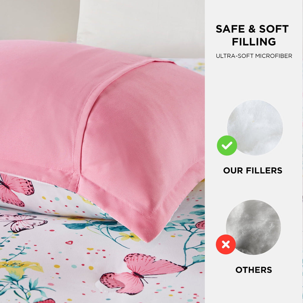 Hypoallergenic Cloud Full/Queen Size Comforter Sets, 4-Piece Kids Bedding Set for Girls, Butterfly Floral Comforter Bed Set, White/Pink - Luxurious Quilted Duvet Cover Set Detail
