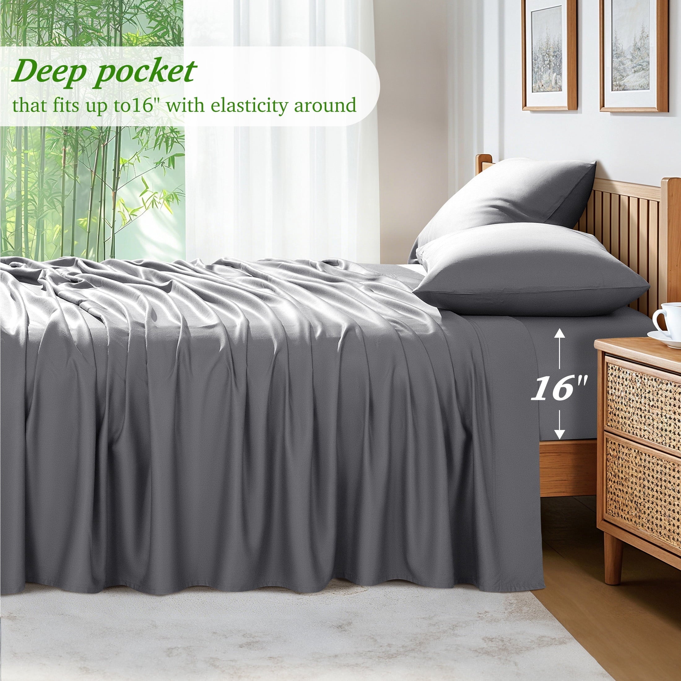 Wrinkle-Resistant Bamboo Queen Sheet Set, Luxury Soft 4 Pieces Bed Sheets with 18" Deep Pocket, Gray - Premium Ultra-Soft Pillowcase Pair for Sleeping Detail