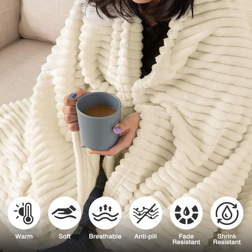 Decorative Knitted Throw Size Blanket for Couch, Sofa, Bed, Striped Beige Throw Blanket for Office Picnic Travel Bedroom, Super Soft War... - Luxury Knitted Decorative Throw Blanket with Fringes Detail