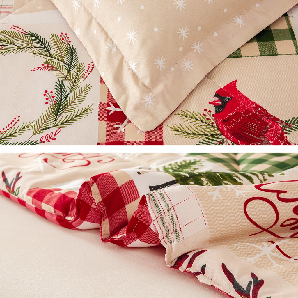 Fluffy Down Alternative 3 Pcs Christmas Comforter Set, Bed in a Bag Wreath Snowman Queen/Full Size Xmas Bedding Set Fitted Pillowcases for Adult - Hypoallergenic Ultra-Fluffy Quilt for Winter Detail