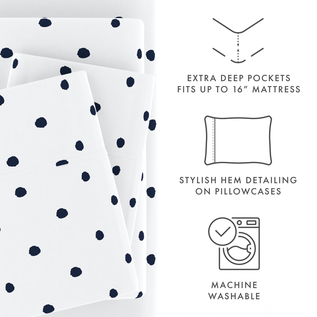 Premium Egyptian Cotton 4 Piece Pattern Microfiber Bed Sheets Set, Navy Dots, California King - Cooling Hotel Quality Bedding Sheets and Pillowcases Detail