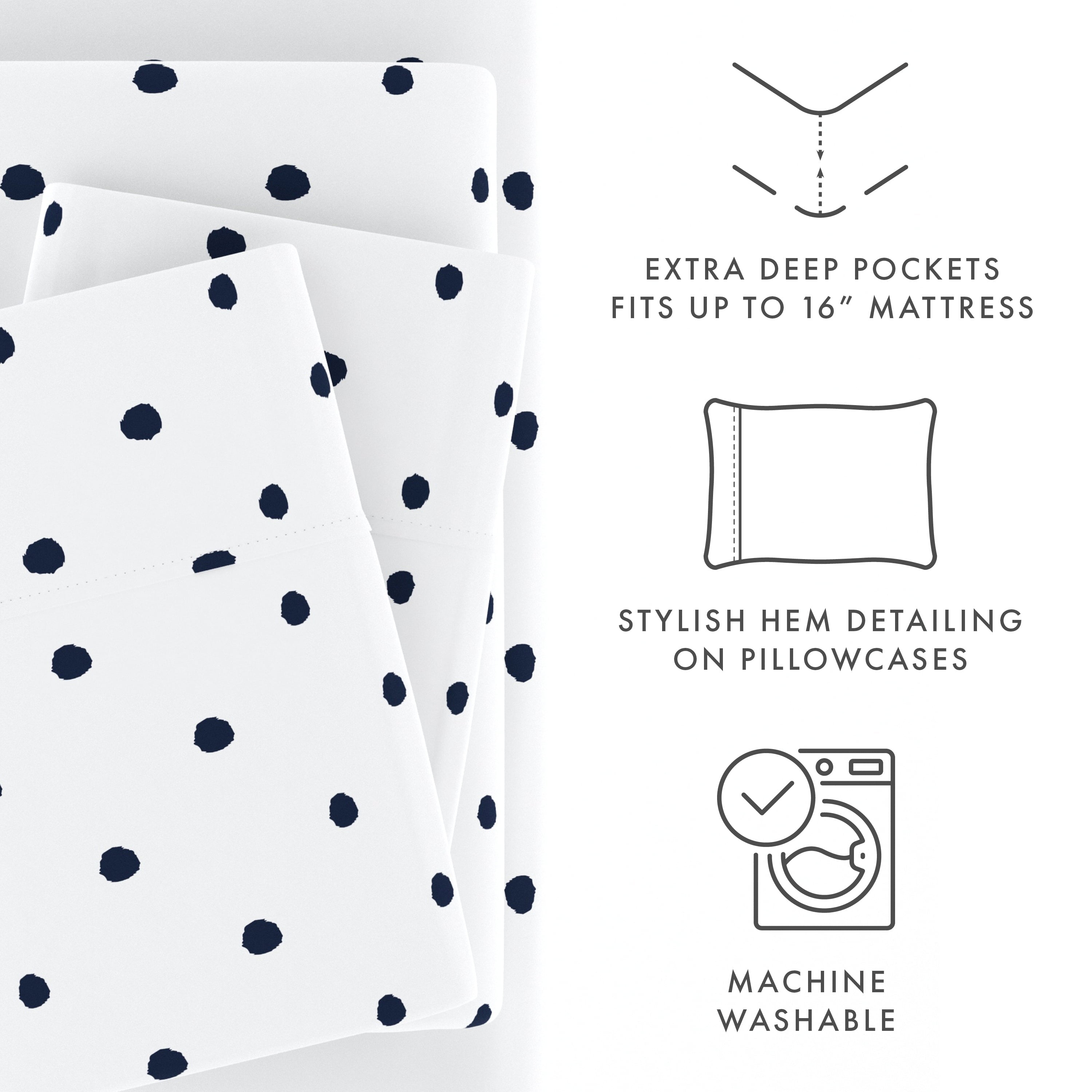 Premium Egyptian Cotton 4 Piece Pattern Microfiber Bed Sheets Set, Navy Dots, California King - Cooling Hotel Quality Bedding Sheets and Pillowcases Detail