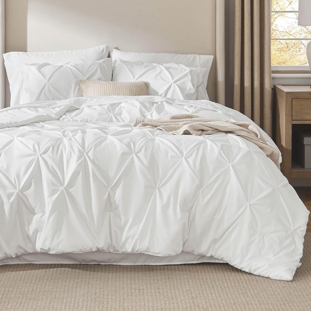 Luxurious Quilted White Queen Comforter Set- 7 Pieces Pintuck Bedding Set with Comforters, Sheets, Pillowcases & Shams - Luxurious Quilted Duvet Cover Set Detail
