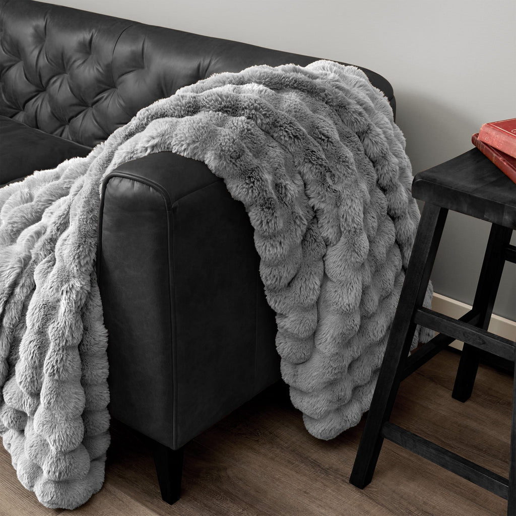 Reversible Sherpa Serenade Gray Textured Faux Fur Throw Blanket, 50 x 70 - Lightweight Plush Warm Blanket for All Seasons Detail