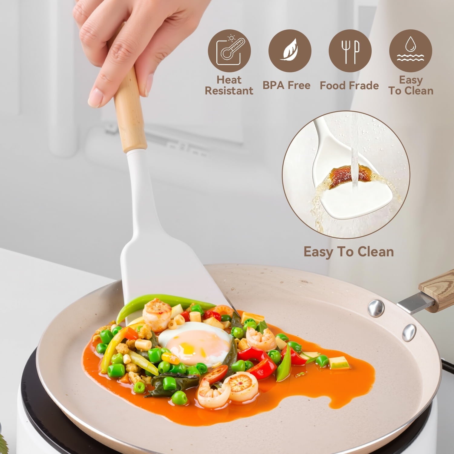 Premium Silicone Kitchen Utensils Set for Cooking, 11 Cooking Utensils, 6 Knife set Beige,3 Utensil Sets,utensilios de cocina - Heat-Resistant Silicone Cooking Spatula Turner Detail