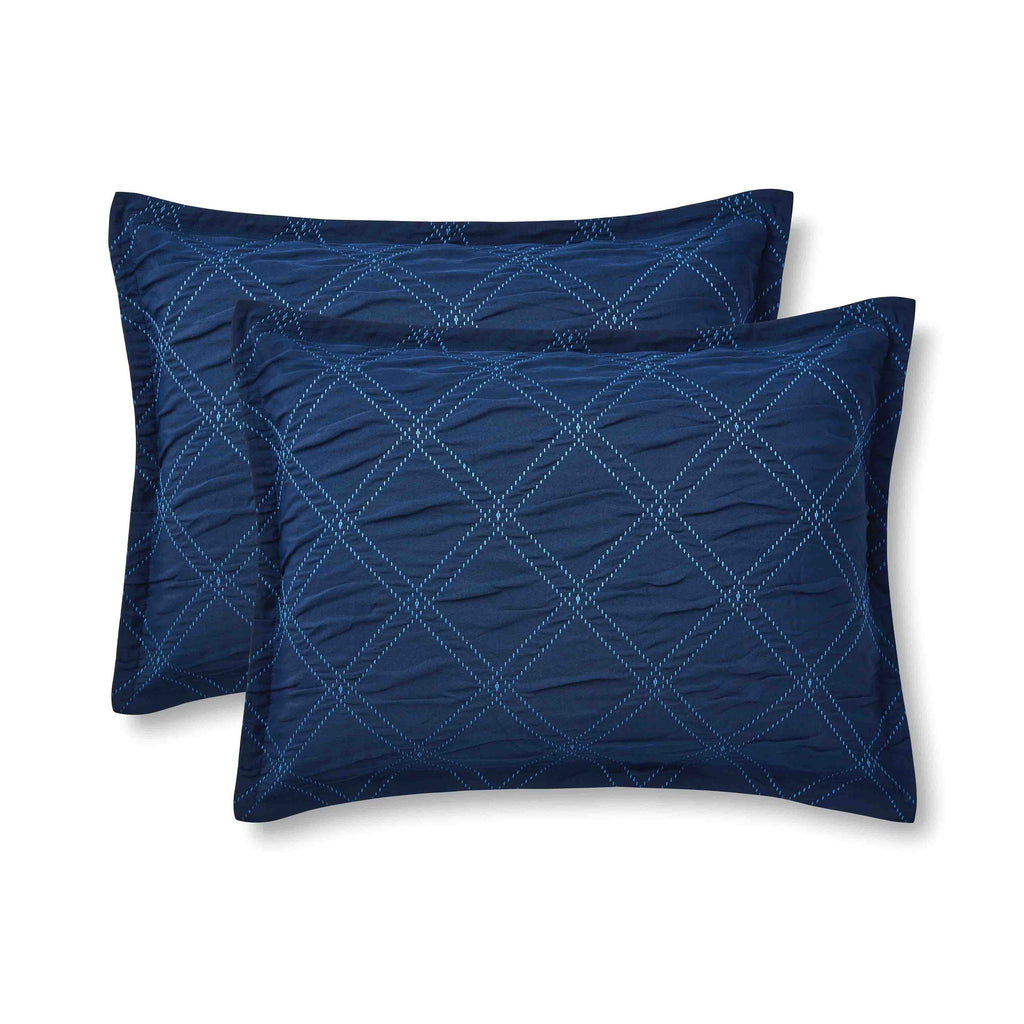 Heavyweight Warmth 5-Piece Reversible Comforter Set Navy Cross Stitch Bedding with Decor Pillow and Throw, Full/Queen - Luxurious Quilted Duvet Cover Set Detail
