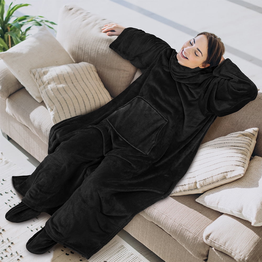 Super Soft Flannel Fleece Blanket with Sleeves, Foot Pockets for Women Men Adults, Plush Wearable Blanket Throw Wrap, Warm Snuggle Blank... - Cozy Fleece Throw Blanket for Couch & Bed Detail