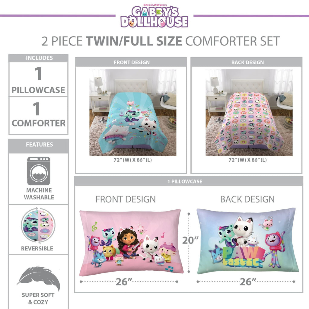 Heavyweight Warmth Gabby's Dollhouse Kids Comforter and Pillowcase, 2-Piece Set, Twin/Full, Reversible - Cloud-Like Soft Lightweight Bed Comforter Detail