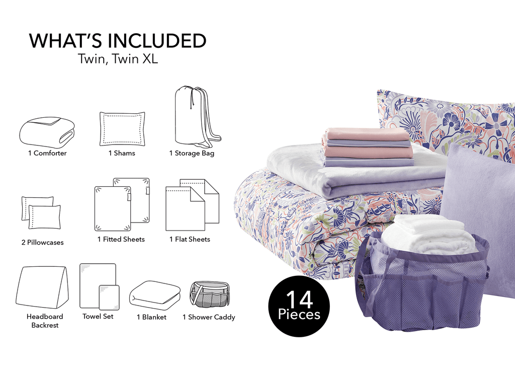 Heavyweight Warmth 14pc College Dorm Essentials Bundle, Twin-XL, Reversible Bed in a Bag Comforter Set, Purple Floral - All-Season Down Alternative Comforter Insert Detail