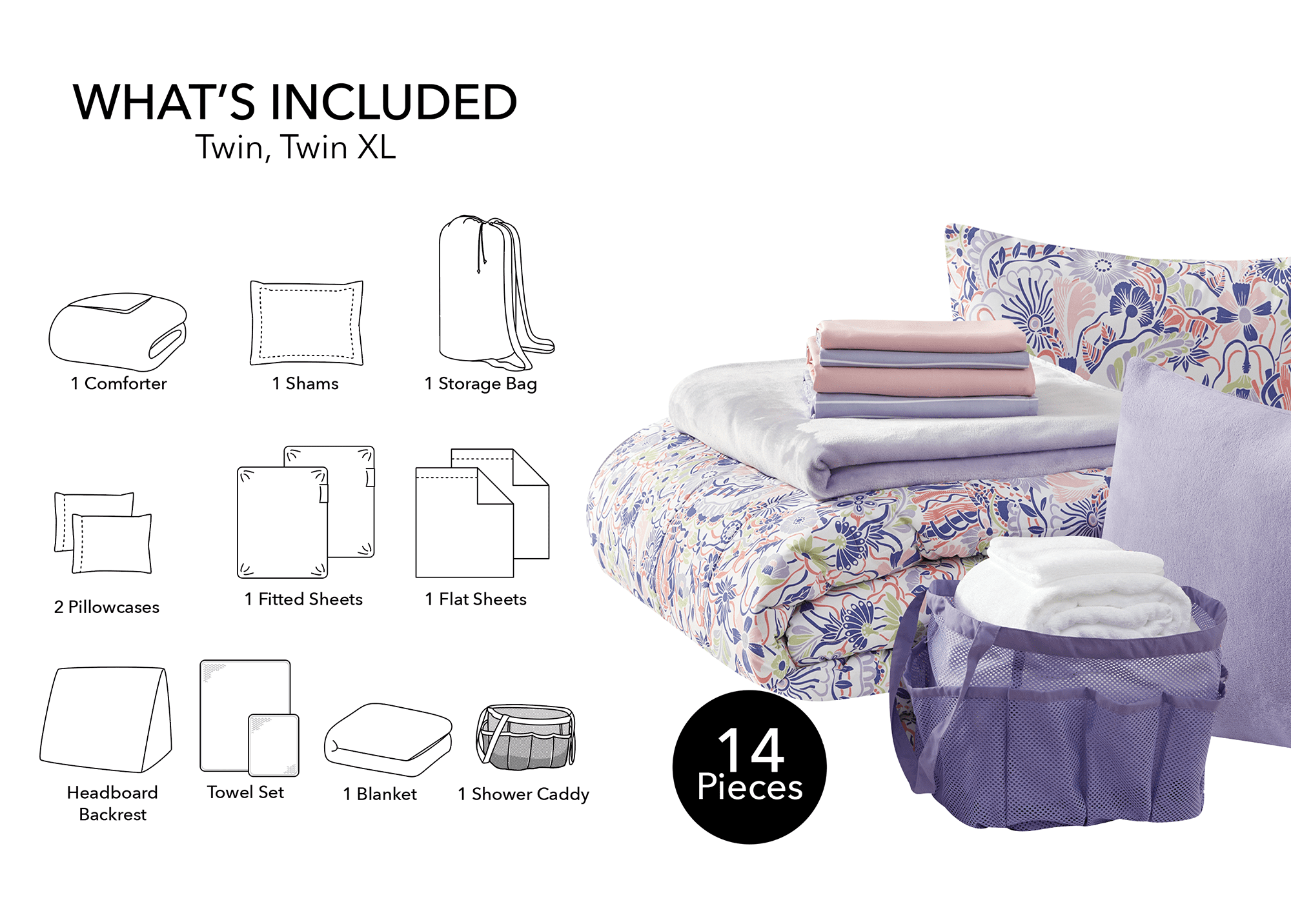 Heavyweight Warmth 14pc College Dorm Essentials Bundle, Twin-XL, Reversible Bed in a Bag Comforter Set, Purple Floral - All-Season Down Alternative Comforter Insert Detail