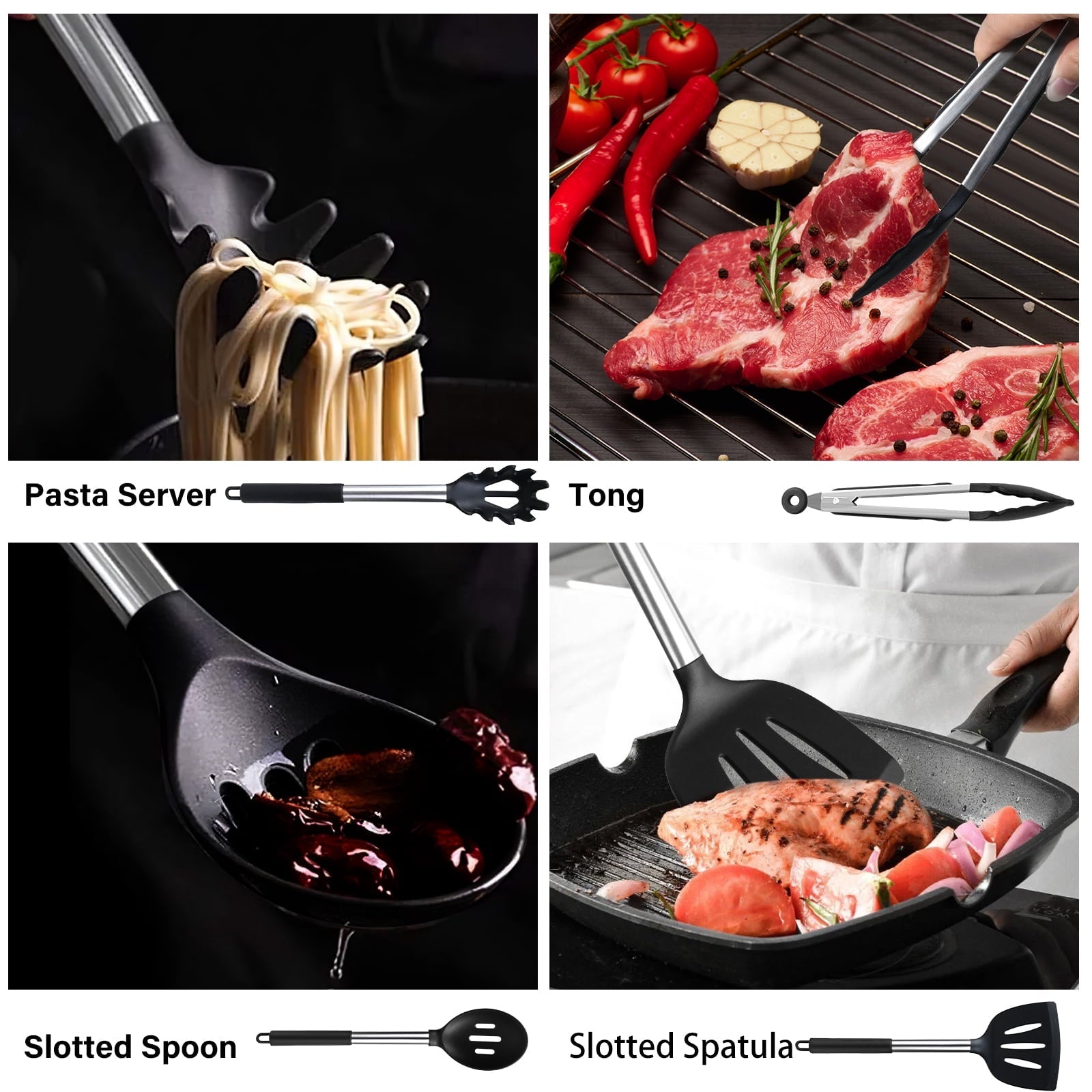Premium Silicone Silicone Cooking Utensils Set, 26 Pcs, Heat Resistant Kitchen Utensils Set, Black - Premium Stainless Steel Cooking Utensil for Non-Stick Pots Detail
