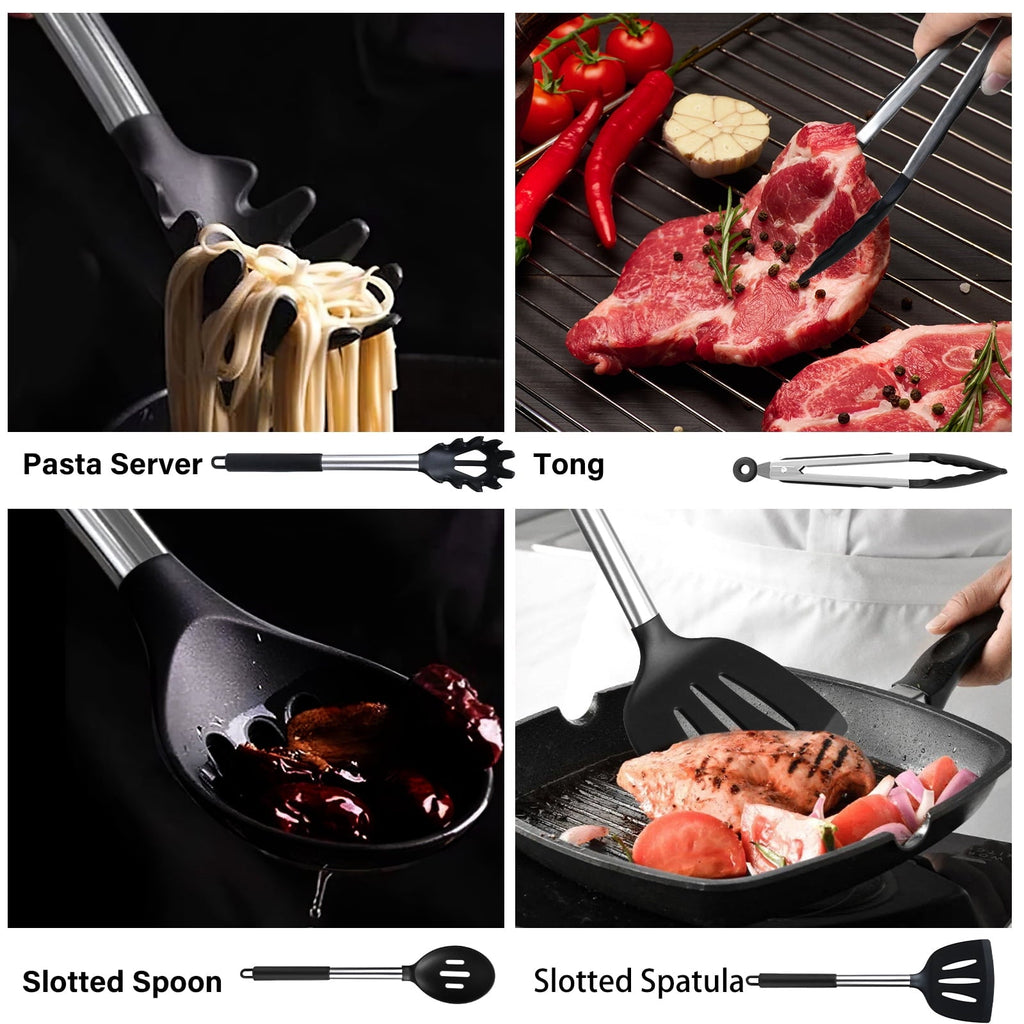 Heavy Duty Silicone Cooking Utensils Set, 26 Pcs, Heat Resistant Kitchen Utensils Set, Black - Multi-Purpose Hand Tool for Daily Meal Prep Detail