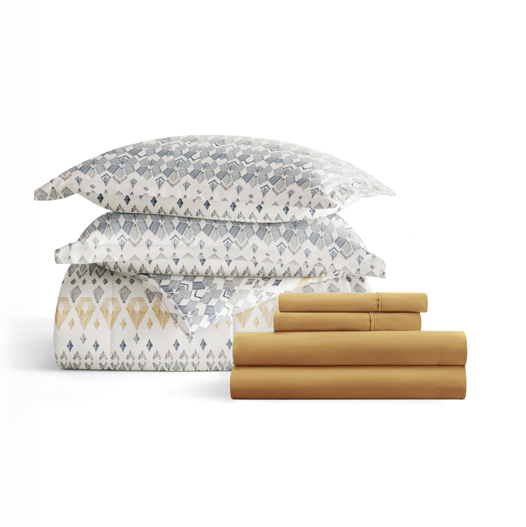 All-Season 7 Piece Bedding Bundle, Microfiber Patterned Comforter and Sheet Set, Queen - Cloud-Like Soft Lightweight Bed Comforter Detail
